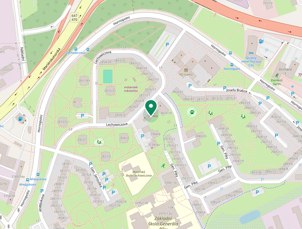 Mapa s vyznačenou polohou ambulance ORT-Audax na ulici Lechowiczova 2970/6 v Moravské Ostravě